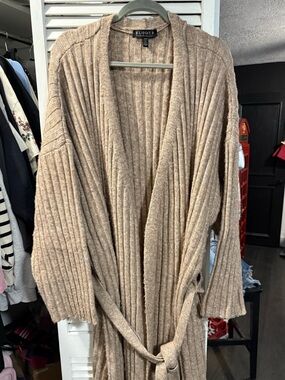 Eloquii Taupe Ribbed Knit Belted Cardigan/Duster